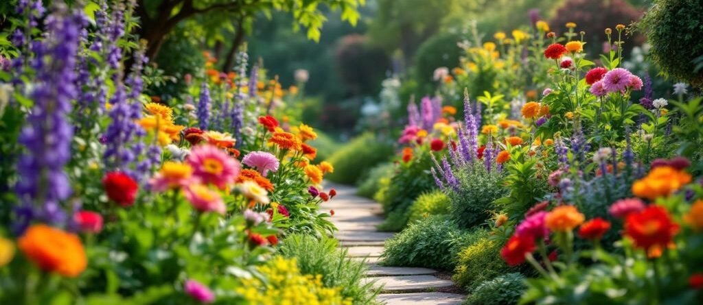 Jardin coloré avec fleurs, plantes vertes et chemin.