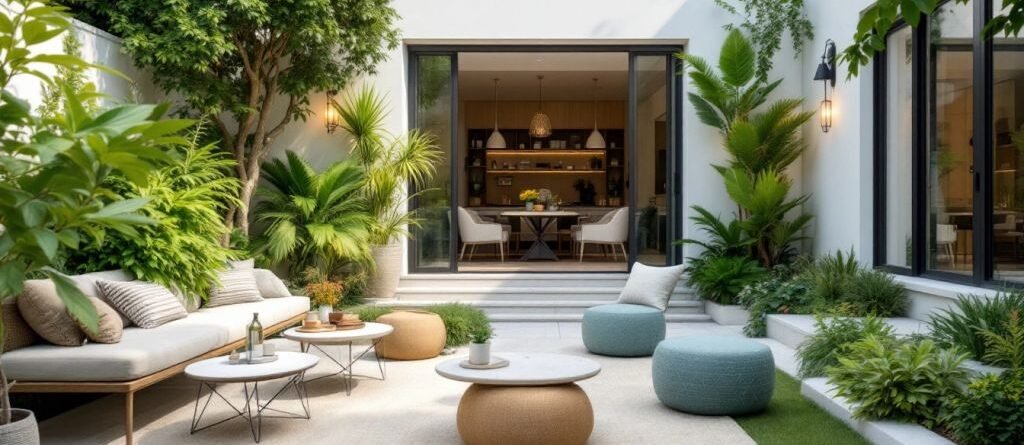 Espace extérieur harmonieux avec mobilier et plantes.