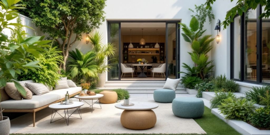 Espace extérieur harmonieux avec mobilier et plantes.