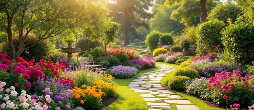 Un jardin paysagé avec des fleurs et des plantes luxuriantes.