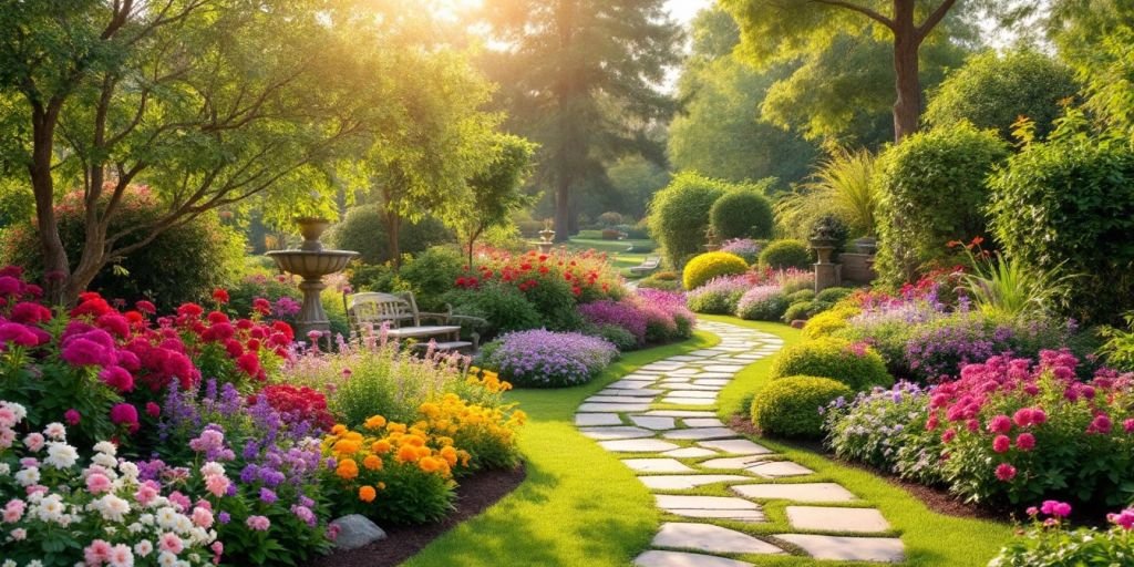 Un jardin paysagé avec des fleurs et des plantes luxuriantes.