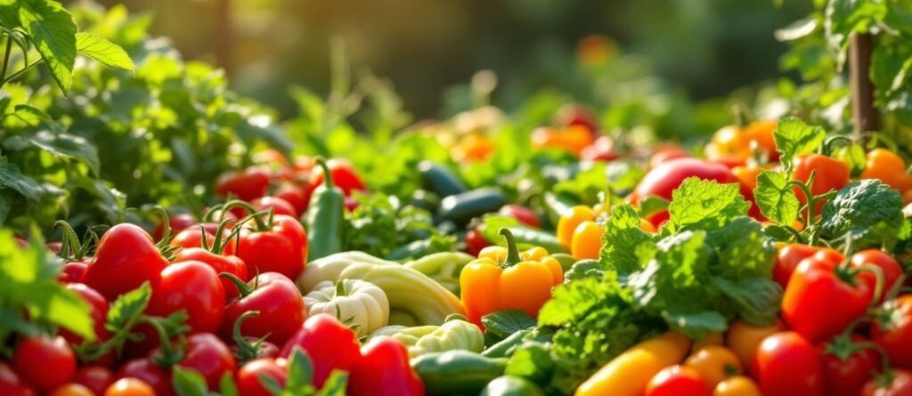 Jardin de légumes coloré et abondant sous le soleil.