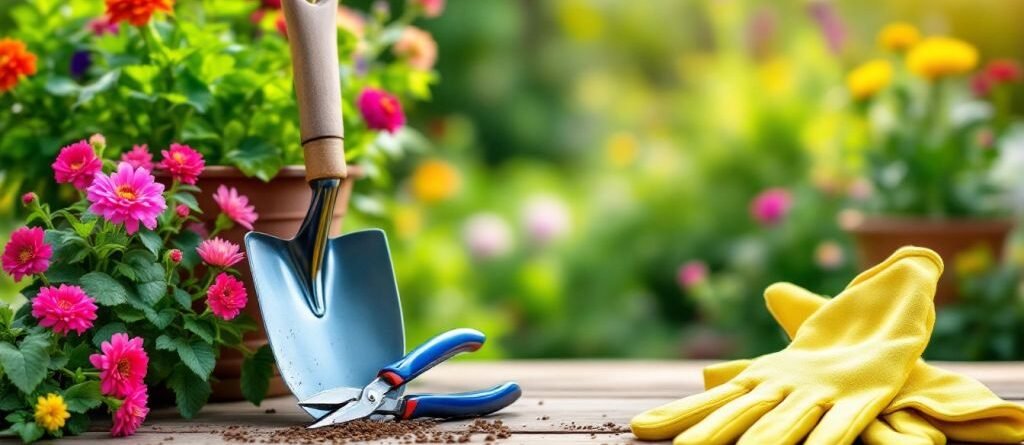 Outils de jardinage sur une table en bois.