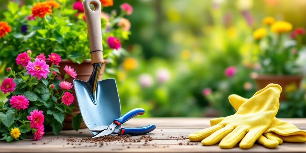 Outils de jardinage sur une table en bois.