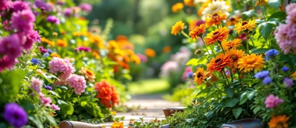 Jardin fleuri avec outils de jardinage et verdure.