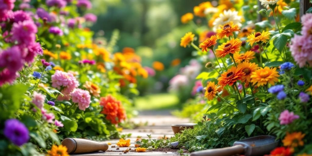 Jardin fleuri avec outils de jardinage et verdure.