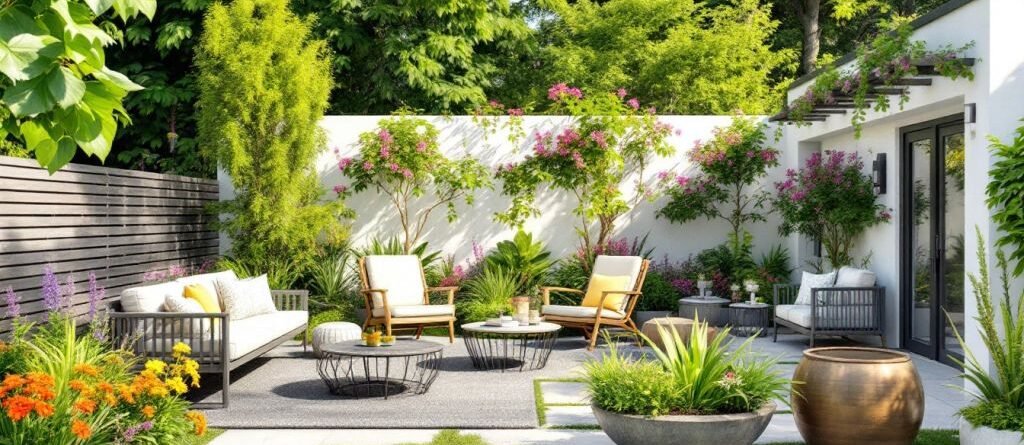 Un jardin moderne avec des plantes luxuriantes et du mobilier élégant.