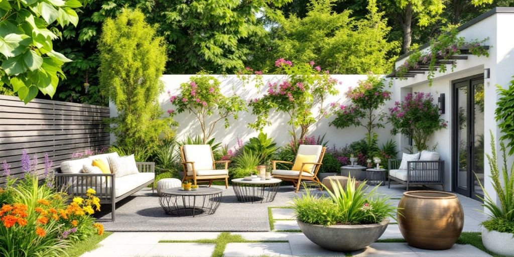 Un jardin moderne avec des plantes luxuriantes et du mobilier élégant.