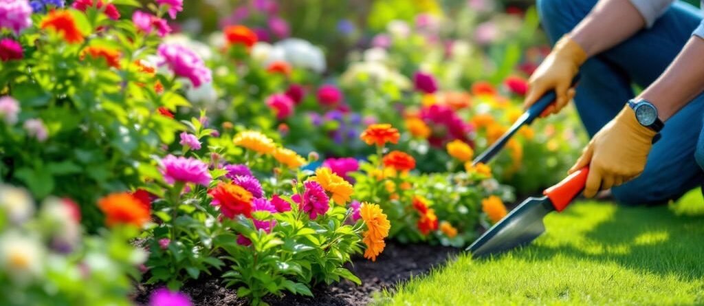 Jardin coloré avec un jardinier au travail.