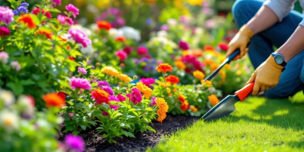 Jardin coloré avec un jardinier au travail.