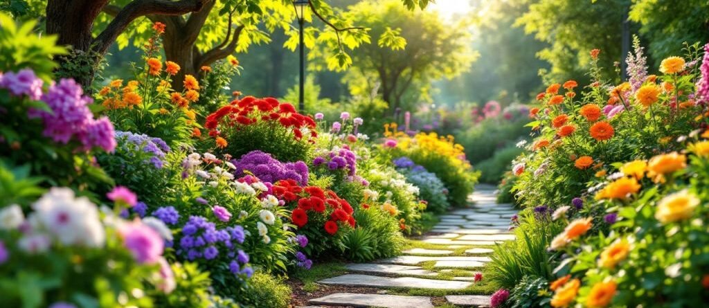 Un jardin coloré avec des fleurs et de la verdure.