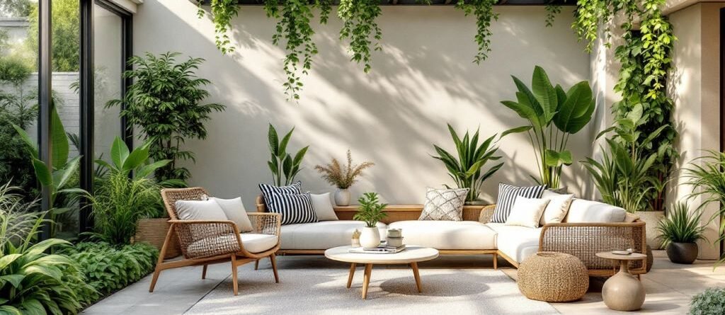 Mobilier moderne dans un jardin élégant et accueillant.