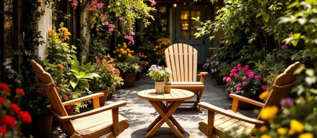 Mobilier en bois dans un jardin lumineux et accueillant.