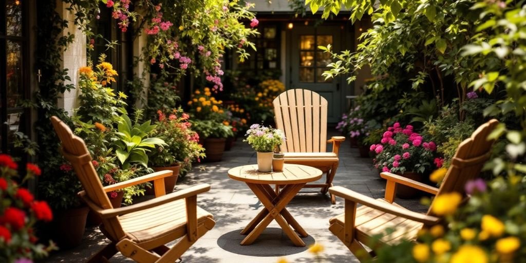 Mobilier en bois dans un jardin lumineux et accueillant.