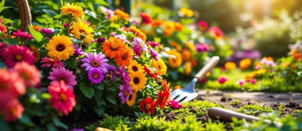 Jardin coloré avec fleurs et outils de jardinage.