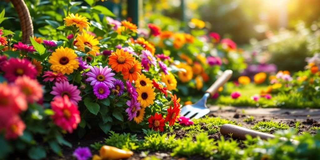 Jardin coloré avec fleurs et outils de jardinage.