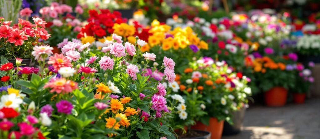 Jardin coloré avec des fleurs et des plantes en pot.