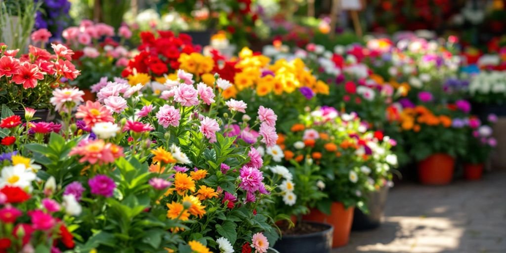 Jardin coloré avec des fleurs et des plantes en pot.