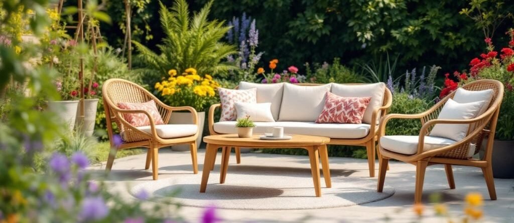 Mobilier de jardin fait main entouré de plantes et fleurs.