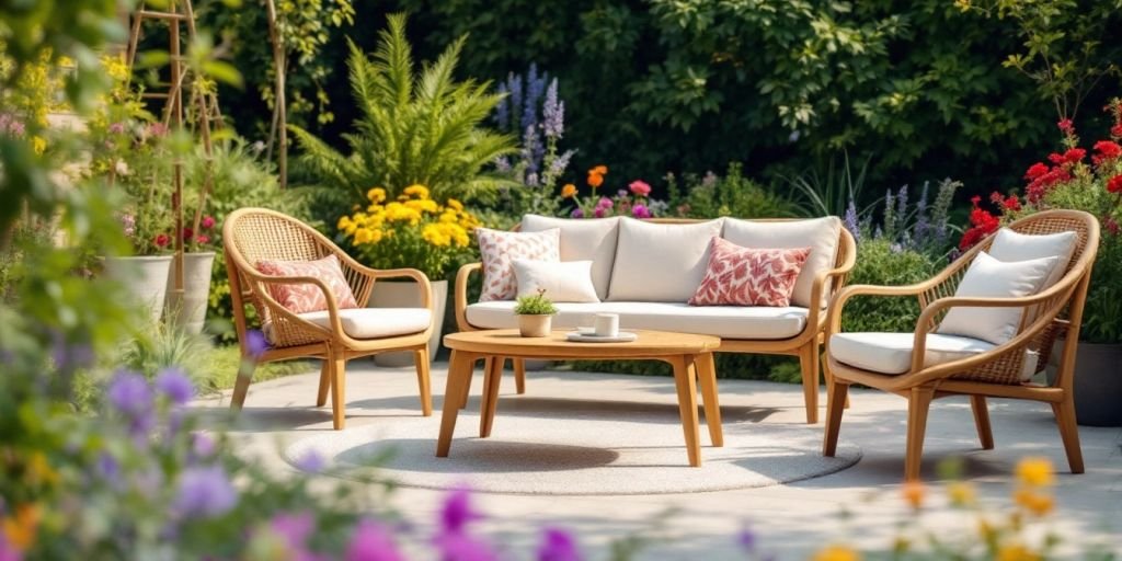 Mobilier de jardin fait main entouré de plantes et fleurs.